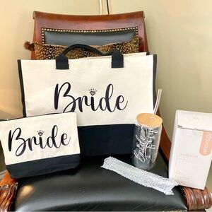 Wedding tote bundle for Bride- (tote,cosmetic bag & glass cup)